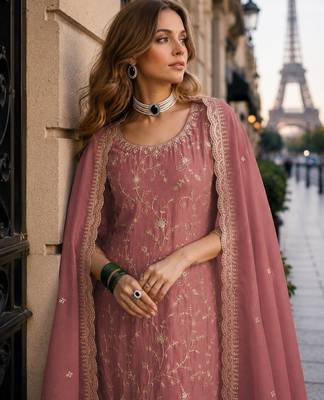 Peach vichitra silk suit with embroidery & sequin work 2