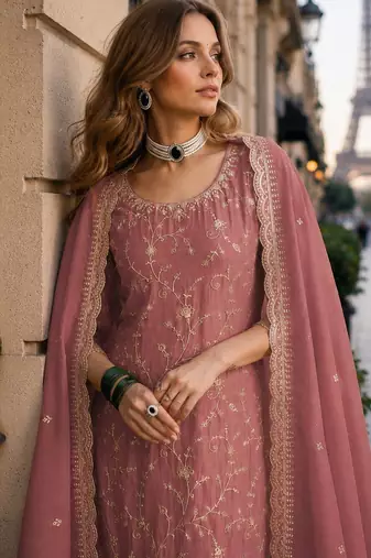 Peach vichitra silk semi stitched suit with embroidery & sequence work