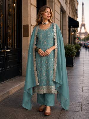 Blue vichitra silk suit with embroidery & sequin work 1