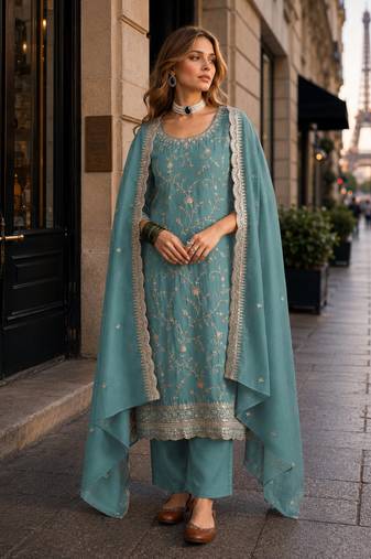 Blue vichitra silk semi stitched suit with embroidery & sequence work