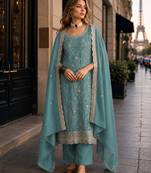 Blue vichitra silk semi stitched suit with embroidery & sequence work