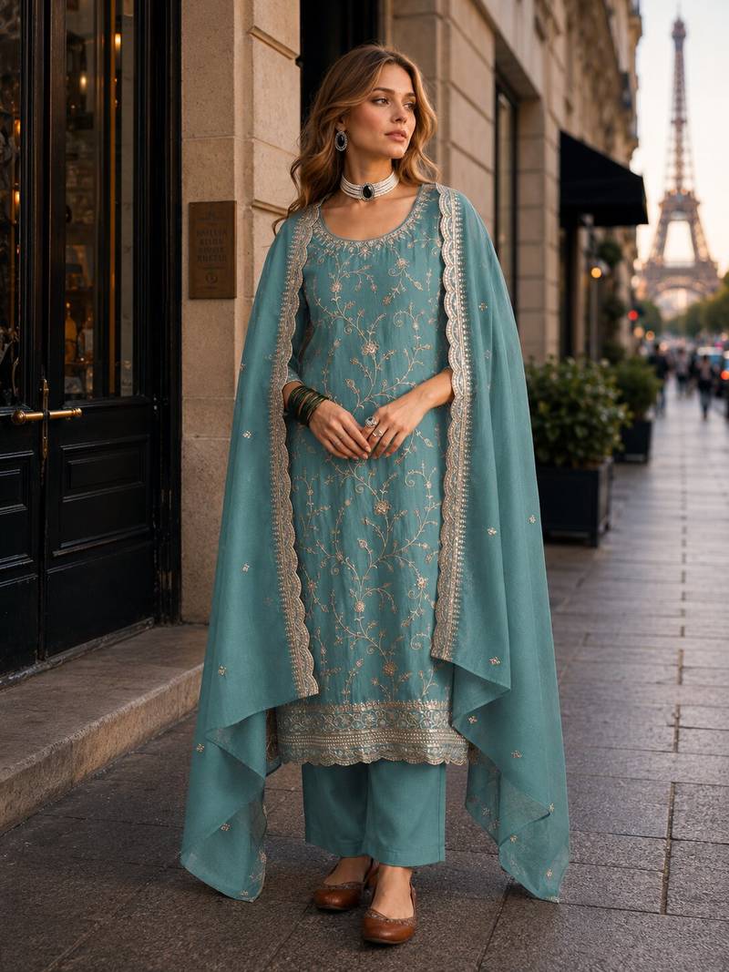 Blue vichitra silk semi stitched suit with embroidery & sequence work