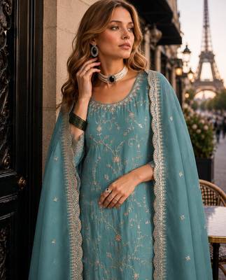Blue vichitra silk suit with embroidery & sequin work 2