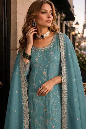 Blue vichitra silk semi stitched suit with embroidery & sequence work