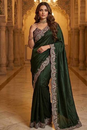New Designer Soft Sartin With Beautiful Elephant Embroidery Work Women's Saree With Blouse Set