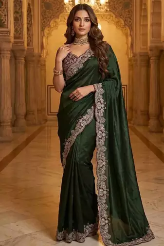 New Designer Soft Sartin With Beautiful Elephant Embroidery Work Women's Saree With Blouse Set
