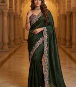 New Designer Soft Sartin With Beautiful Elephant Embroidery Work Women's Saree With Blouse Set
