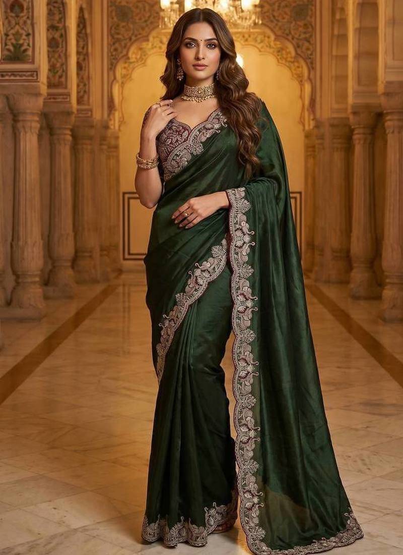 New Designer Soft Sartin With Beautiful Elephant Embroidery Work Women's Saree With Blouse Set