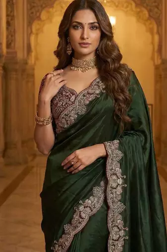 New Designer Soft Sartin With Beautiful Elephant Embroidery Work Women's Saree With Blouse Set