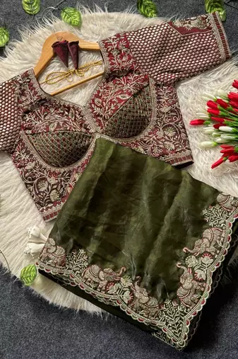New Designer Soft Sartin With Beautiful Elephant Embroidery Work Women's Saree With Blouse Set