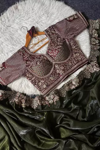 New Designer Soft Sartin With Beautiful Elephant Embroidery Work Women's Saree With Blouse Set