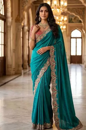 New Designer Soft Sartin With Beautiful Elephant Embroidery Word Women's Saree With Blouse Set