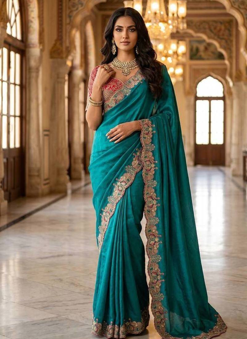 New Designer Soft Sartin With Beautiful Elephant Embroidery Word Women's Saree With Blouse Set