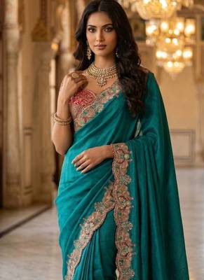 New Designer Soft Sartin With Beautiful Elephant Embroidery Word Women's Saree With Blouse Set 2