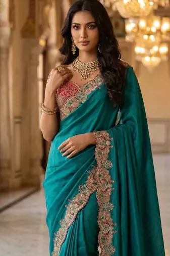 New Designer Soft Sartin With Beautiful Elephant Embroidery Word Women's Saree With Blouse Set