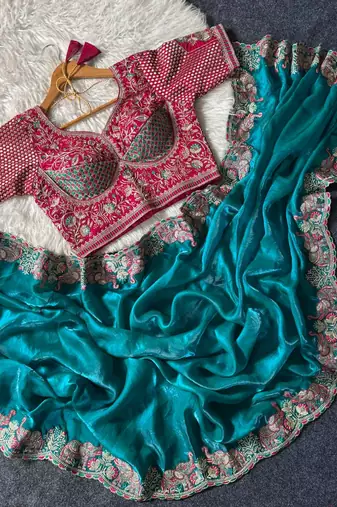New Designer Soft Sartin With Beautiful Elephant Embroidery Word Women's Saree With Blouse Set