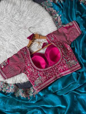 New Designer Soft Sartin With Beautiful Elephant Embroidery Word Women's Saree With Blouse Set 4