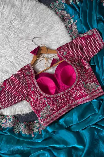 New Designer Soft Sartin With Beautiful Elephant Embroidery Word Women's Saree With Blouse Set