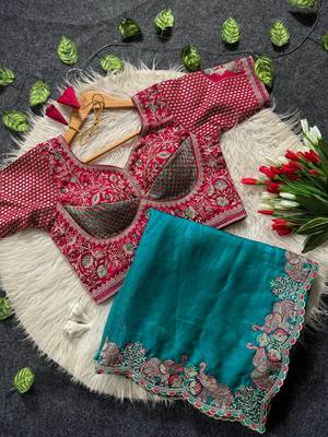 New Designer Soft Sartin With Beautiful Elephant Embroidery Word Women's Saree With Blouse Set 5