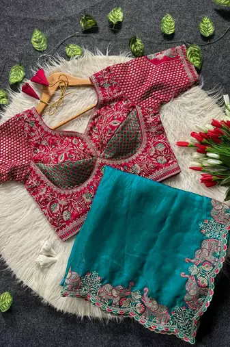 New Designer Soft Sartin With Beautiful Elephant Embroidery Word Women's Saree With Blouse Set