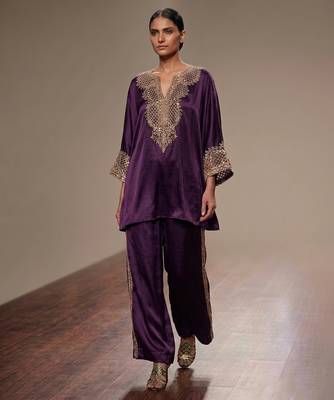 Purple embroidered modal satin kurta set 1