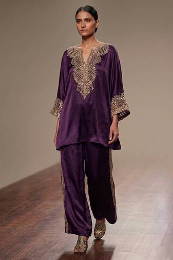 Purple embroidered modal satin kurta set