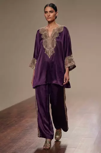 Purple embroidered modal satin kurta set