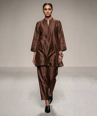 Brown embroidered dupion silk kurta set 1