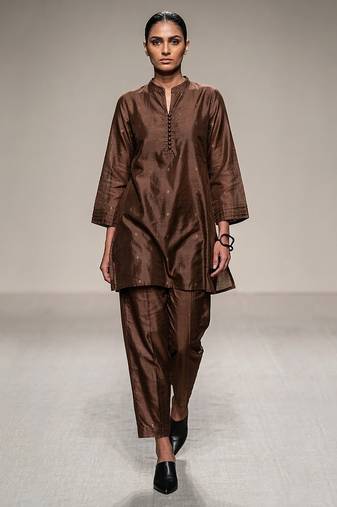 Brown embroidered dupion silk kurta set