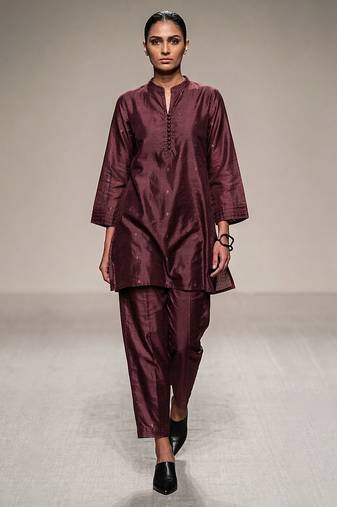 Burgundy embroidered dupion silk kurta set