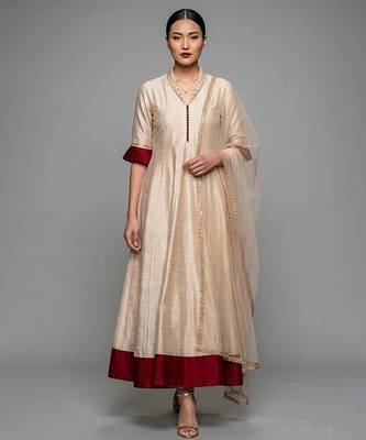 Ivory Cream embroidered dupion silk anarkali set 1
