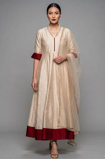 Ivory Cream embroidered dupion silk anarkali set