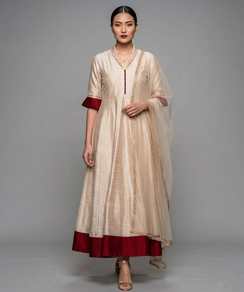 Ivory Cream embroidered dupion silk anarkali set