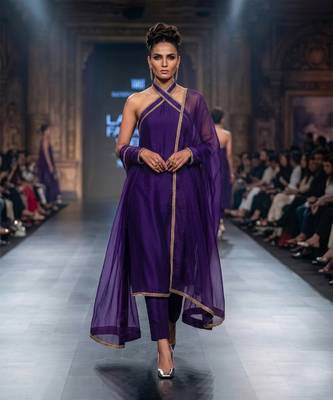 Royal purple embroidered dupion silk kurta set 1