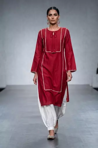 Crimson red embroidered dupion silk kurta set