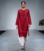 Crimson red embroidered dupion silk kurta set