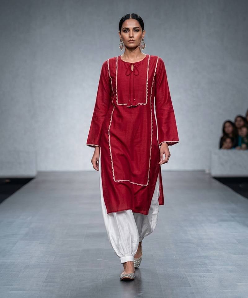 Crimson red embroidered dupion silk kurta set