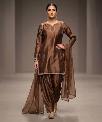 Chocolate brown embroidered dupion silk kurta set 1