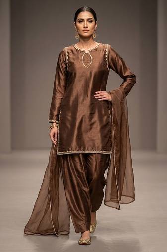 Chocolate brown embroidered dupion silk kurta set