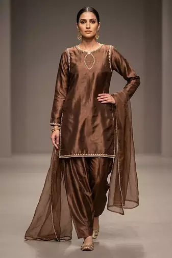 Chocolate brown embroidered dupion silk kurta set