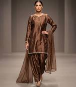 Chocolate brown embroidered dupion silk kurta set