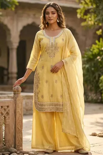 Yellow silk blend kurta set