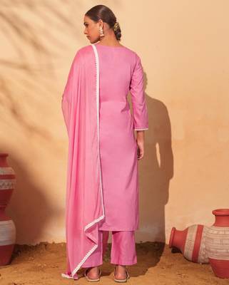 Women's Beautiful Thread Work Pure Cotton Fabric Straight Kurta Pant and Dupatta Set 4