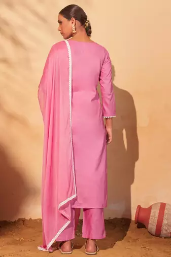 Women's Beautiful Thread Work Pure Cotton Fabric Straight Kurta Pant and Dupatta Set