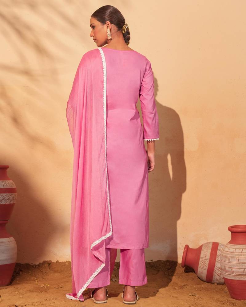 Women's Beautiful Thread Work Pure Cotton Fabric Straight Kurta Pant and Dupatta Set