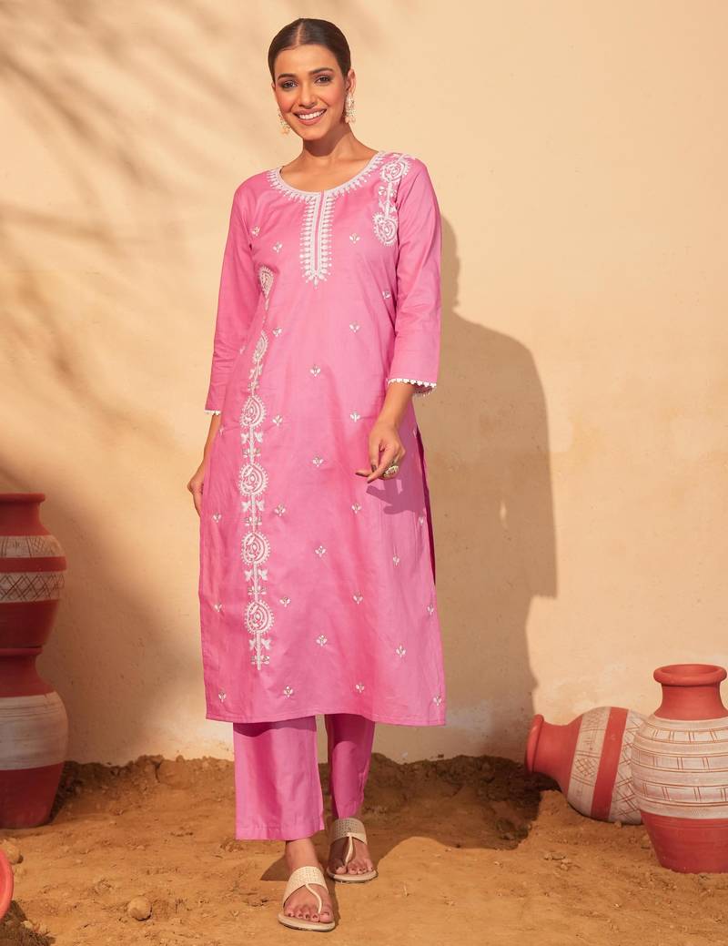 Women's Beautiful Thread Work Pure Cotton Fabric Straight Kurta Pant and Dupatta Set