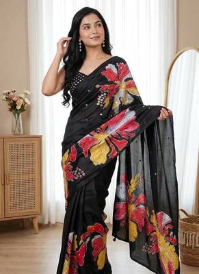 Semi Model Silk Ultra Soft With Flower Print With  Real Mirror work Women's saree With blouse Set 1