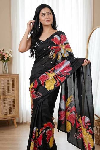 Semi Model Silk Ultra Soft With Flower Print With  Real Mirror work Women's saree With blouse Set