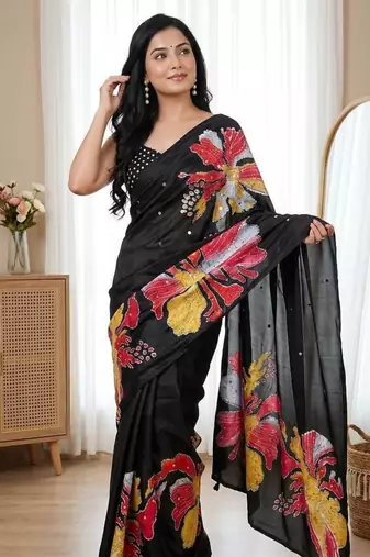 Semi Model Silk Ultra Soft With Flower Print With  Real Mirror work Women's saree With blouse Set