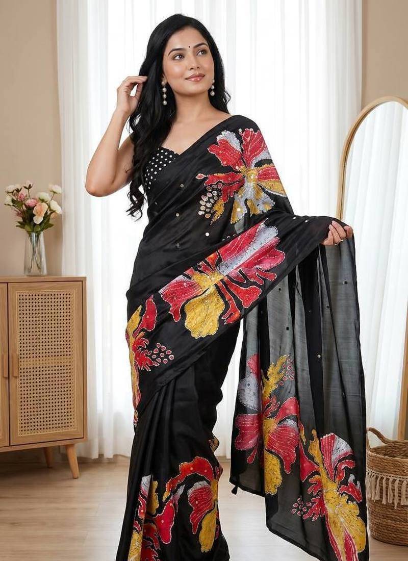 Semi Model Silk Ultra Soft With Flower Print With  Real Mirror work Women's saree With blouse Set